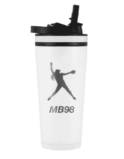 White Ice Shaker bottle with a softball pitcher logo