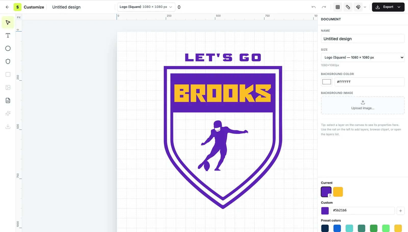 The full logo editor with a purple and gold shield logo reading BROOKS, LET'S GO, with tools for text, shapes and images