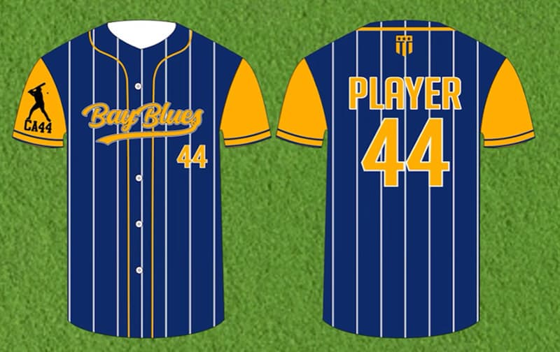 Navy and gold baseball jerseys with a player logo